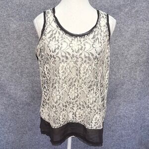 Simply Vera Vera Wang Black White Sheer Lace Front Crinkle Back Tank Top XS